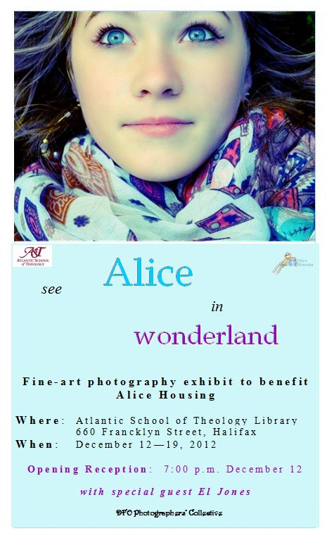 This is a poster advertising the Alice in Wonderland exhibit and sale in support of Alice Housing, December 12 to 19, 2012.